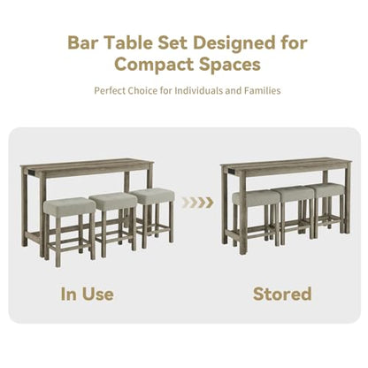 59" Industrial 4 Piece Bar Table Set with Built-in Power Outlet, Behind Couch Sofa Table with 3 Linen Upholstered Stools, Bar Table and Chairs Set for Living Room, Dining Room, Lounge, Brown - color: R2-brown
