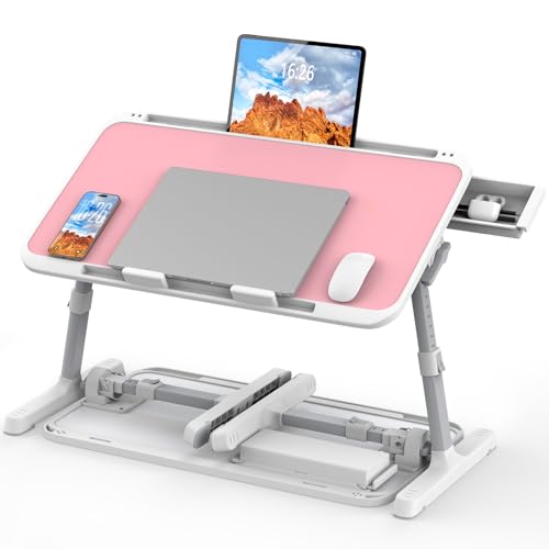 HETTHI Laptop Bed Tray Table, Adjustable Sturdy Laptop Stand for Bed with Premium Materials, Folding Portable Lap Desk with Drawer for Writing Working Reading Eating Couch Floor (Pink, 22.04"×12.2") - color: Pink