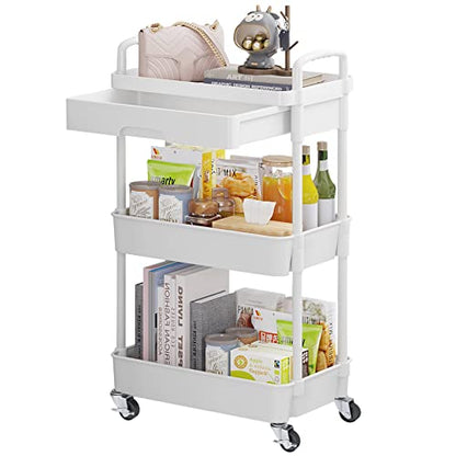 Calmootey 3-Tier Rolling Utility Cart with Drawer,Multifunctional Storage Organizer with Plastic Shelf & Metal Wheels,Storage Cart for Kitchen,Bathroom,Living Room,Office,White | Space-Saving Organizer, Sturdy Plastic Shelves, Smooth-Rolling Metal Wheels,