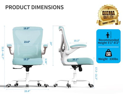 Office Chair: Mesh Ergonomic Desk Chair with 3D Lumbar & Swivel | 330LBS Computer Chair-Executive Task Chairs with Flip-up Arms Home Office Chairs Gaming Chair for Long Hours(Lake Blue) - color: Mint Green, size: Pack of 1