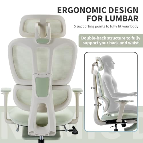 Ergonomic Office Chair with Footrest, 90-135° Reclining High Back Desk Chair with Lumbar Support, 2D Headrest, 2D Armrests, Computer Chair for Long Hours, Green - color: Green
