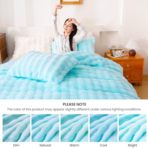 Fluffy Blue Duvet Cover Twin Set, Soft Shaggy Plush Rabbit Bedding Set 2 Pieces (1 Fuzzy Comforter Cover + 1 Faux Fur Pillow Cases) Zipper Closure（Blue, Twin） - color: Blue, size: Twin