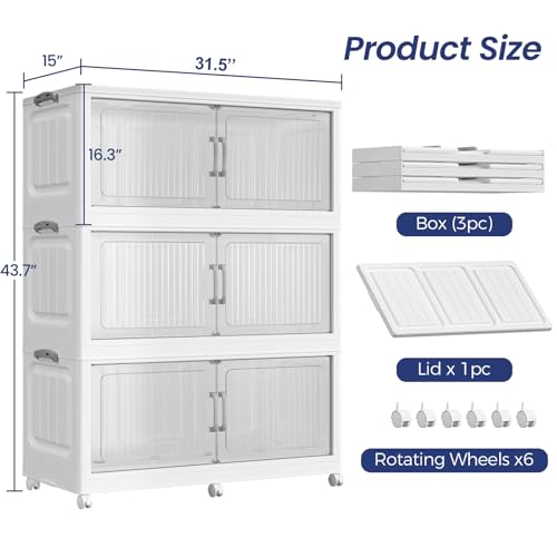 120Gal Extra Large Stackable Storage Bins with Lid, 480QT Foldable Collapsible Storage Box with Doors and Wheels, Plastic Closet Organizers Container Drawer for Bedroom Dorm Kitchen, 3Pack - size: 40Gal-3Pack
