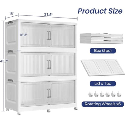 120Gal Extra Large Stackable Storage Bins with Lid, 480QT Foldable Collapsible Storage Box with Doors and Wheels, Plastic Closet Organizers Container Drawer for Bedroom Dorm Kitchen, 3Pack - size: 40Gal-3Pack