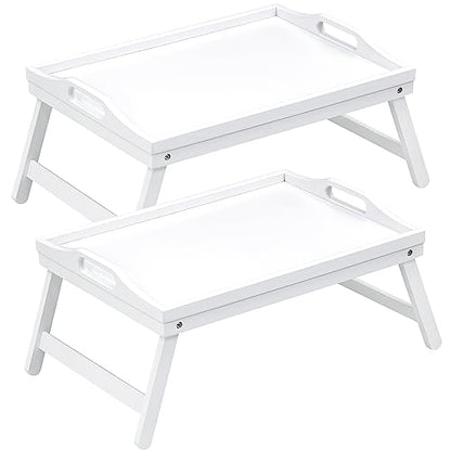 2 Pack Bed Tray Table Breakfast Trays Serving Tray Bamboo Bed Laptap with Folding Legs Handles and Phone Holders - color: White 2 Pack
