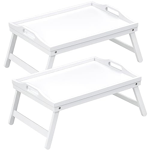2 Pack Bed Tray Table Breakfast Trays Serving Tray Bamboo Bed Laptap with Folding Legs Handles and Phone Holders - color: White 2 Pack