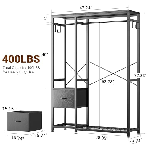 Clothes Rack with 2 Rods, Shelves, Drawers & Hooks, Garment Rack | Clothes rack with 2 hanging rods (50lbs each), 2 shelves, 2 fabric drawers & 4 hooks. 300lb total capacity. Fits small spaces - color: Black