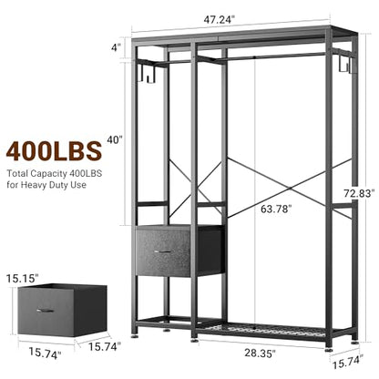 Clothes Rack with 2 Rods, Shelves, Drawers & Hooks, Garment Rack | Clothes rack with 2 hanging rods (50lbs each), 2 shelves, 2 fabric drawers & 4 hooks. 300lb total capacity. Fits small spaces - color: Black
