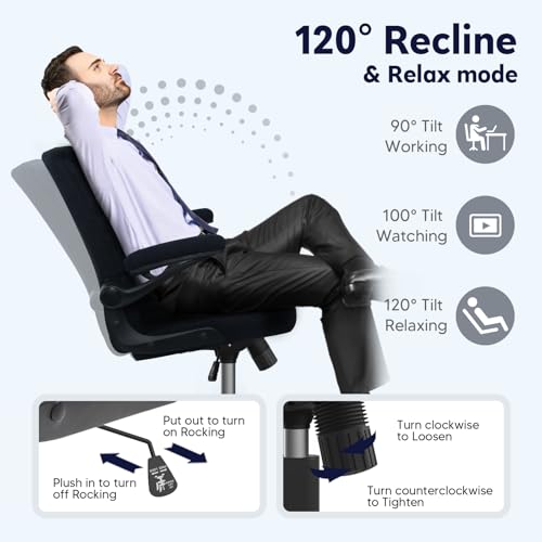 Office Chair with Wheels, Ergonomic Home Office Computer Chair with Flip-up Armrest, Adjustable Rolling Desk Chair Teddy Fleece – Dark Blue - color: Dark Blue