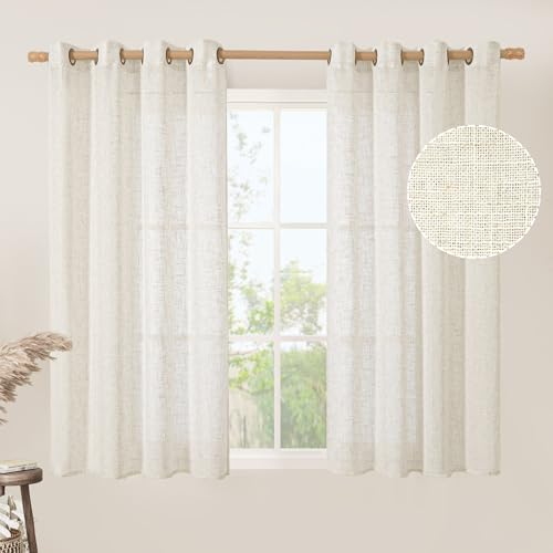 Natural Linen 54 Inch Length Curtains for Windows, Semi Sheer Short Linen Neutral Decorative Light Filtering Drapes with Bronze Grommet for Bedroom/Nursery, 2 Panels Set, 52 X 54 Inch - color: Natural, size: 52"W x 54"L (Pack of 2)