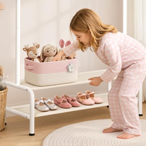 Kids Clothing Rack - Dress Up Clothes Rack - Baby Toddler Closet - Mini Freestanding Coat Racks with 2 Fabric Shelves - Small Kids Costume Wardrobe - Garment Rack for Hanging Clothes Organizer - color: White