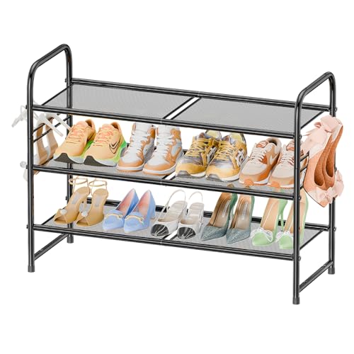 SUFAUY 3-Tier Mesh Shoe Rack, Closet Metal 33" Wide Shoe Shelf Heavy Duty, Black - color: Black, size: 3 Tier