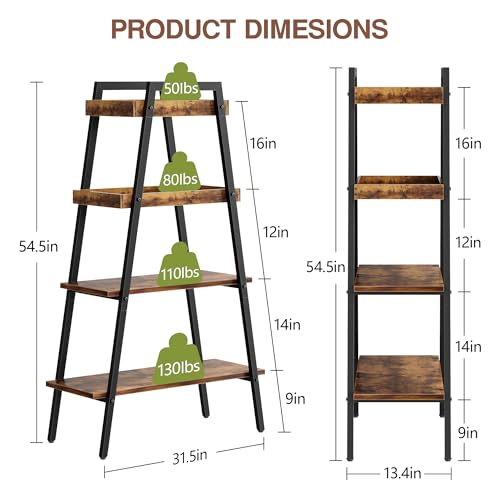 VECELO Book Shelf, 4 Tier Wooden Ladder Bookcase with Metal Frame, Enclosed Edges Combined with Open Display, Decorative and Plant Stand for Living Room/Farmhouse/Bedroom/Home Office-Brown - color: Brown