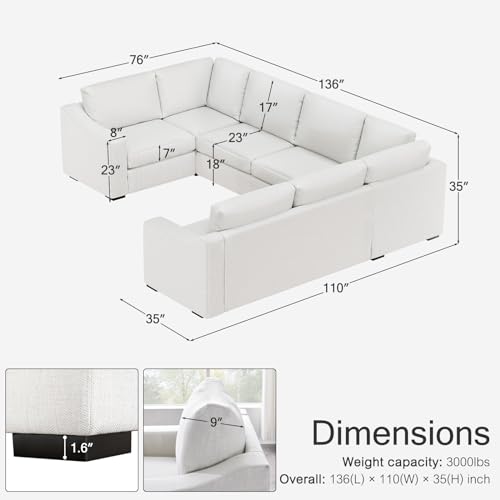 Convertible Sectional Sofa, U Shaped Couch, Natural Linen Fabric Couches with Extra Deep Seats, Big Comfy Couch Upholstered Modern Corner Sofa for Living Room, Office, White - color: White, size: 136 Inch - U Shaped(7 Seat)