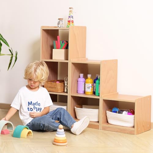 Cube Storage Cabinet, L-Shaped Reversible Ladder Corner Bookshelf | Modular 3-Piece Wooden Freestanding Organizer with 6-Cube for Kids Room & Home Office