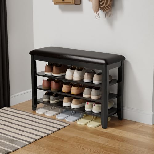 AQIMUELE Shoe Bench with Leather Cushion, 3 Tiers Shoe Storage Bench Height Adjustable, Walnut Wood Entryway Bench for Hallway, Mudroom - color: Black, size: 31.5"