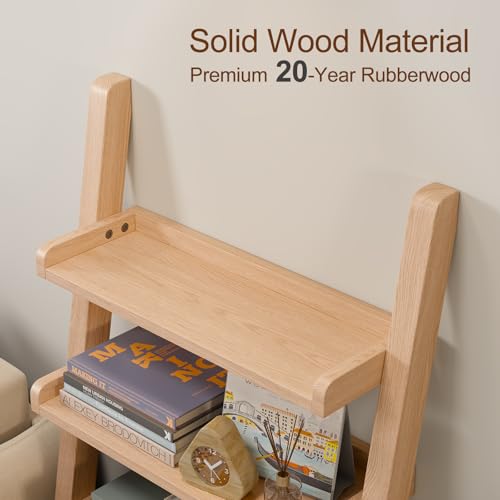 AQIMUELE Wooden Ladder Shelf with Edges, 5-Tier Modern Leaning Bookshelf Ladder – Stylish Space-Saving Bookcase for Living Room, Bedroom & Home Office - color: Natural