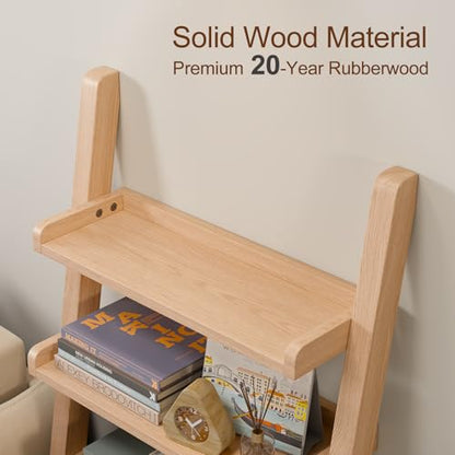 AQIMUELE Wooden Ladder Shelf with Edges, 5-Tier Modern Leaning Bookshelf Ladder – Stylish Space-Saving Bookcase for Living Room, Bedroom & Home Office - color: Natural