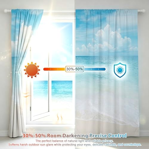zokyer Coastal Kitchen Curtains, Beach Theme, 27.5" W x 39" L, Rod Pocket | 2 Panels, Hawaiian Tropical Nautical Seascape, S-ummer Blue Sea Sky Ocean Landscape, Sand Short Window Drapes Tiers Decor - size: 27.5"W x 39"L (Pack of 2)