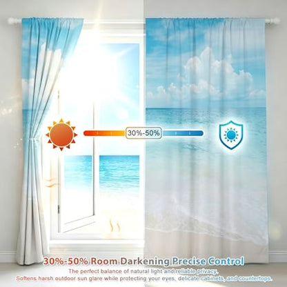 zokyer Coastal Kitchen Curtains, Beach Theme, 27.5" W x 39" L, Rod Pocket | 2 Panels, Hawaiian Tropical Nautical Seascape, S-ummer Blue Sea Sky Ocean Landscape, Sand Short Window Drapes Tiers Decor - size: 27.5"W x 39"L (Pack of 2)