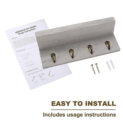 HRONRAD Rustic Key Holder for Wall, Farmhouse Wall Shelf with 4 Hooks, Wall Mounted Key Racks, Wooden Mail Organizer with Hooks for Entryway (Grey) - color: Gray