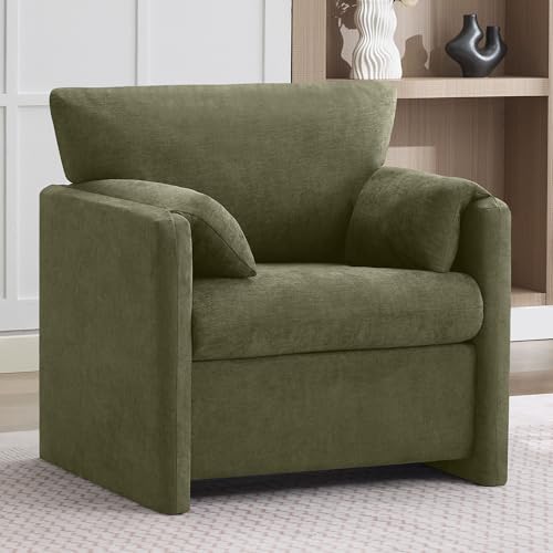 Oversized Accent Chair for Living Room, Large Modern Armchair with Deep Seat, Mid-Century Comfy Reading Chair with Padded Arms, Chenille Single Sofa Chairs for Bedroom, Green, Regular, 1PC - color: Green, size: Regular