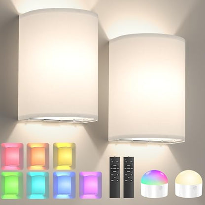 Battery Operated Wall Sconce Set of Two: 10000mAh Wireless Wall Light with Rechargeable Magnetic Bulb - Dimmable Wall Lamp with 7 RGB Colors - Linen Shade Sconces with Remote for Bedroom Living Room | Wireless Wall Light with Magnetic Bulb - Dimmable 7 RG