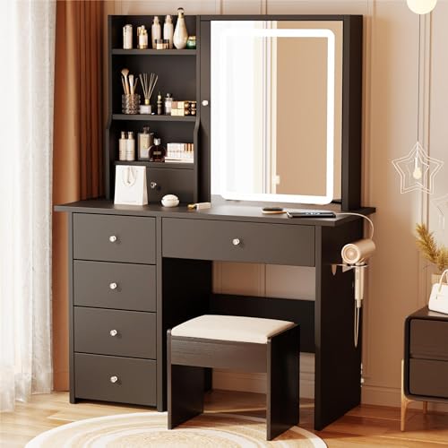 Vanity Desk with Mirror and LED Lights, Makeup Vanity Set with Power Outlet, and Stool,Jewelry Storage,Black Vanity Desk for Bedroom - style: Black