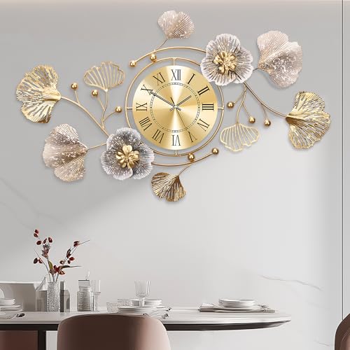 33" Modern Farmhouse Large Decorative Wall Clock, Ginkgo Metal Art | 33" x 18" accent with silent movement, rotating dial, mounting kit; for living room, dining area, entryway, or bedroom - color: Retro Coffee Color - Rome, size: 32 x 18 inches