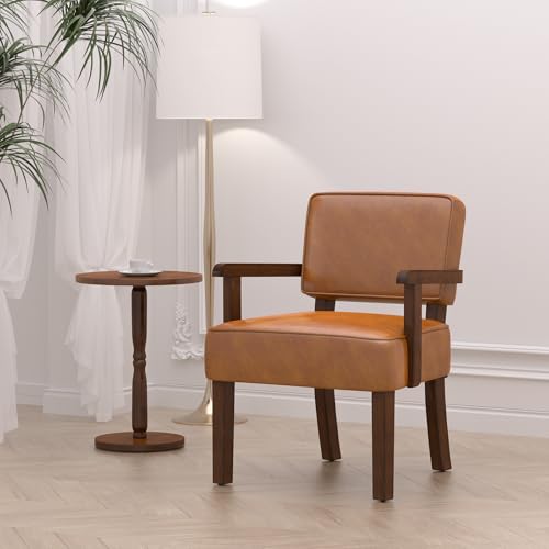 Faux Leather Accent Chair, Mid-Century Armchair with Wood Frame | Upholstered Living Room Chair, Comfy Reading Chair for Bedroom, Waiting Room, Home Office, Easy Assembly, Brown - color: Faux Leather Brown, size: One Chair