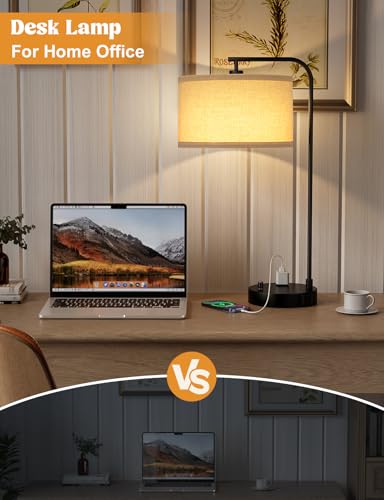 20.7" Tall Table Lamp with USB & Outlet, Fully Dimmable Nightstand Lamp | Linen Lampshade, USB Port and Outlet, Black Desk Lamp for Bedside, Living Room, Guest Room, Home Office, LED Bulb Included - color: A-Beige Shade & Black Base