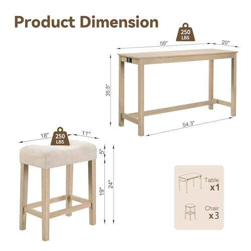 59" Counter Height Bar Table Set with Power Outlet, Industrial Breakfast Table with 3 Padded Stools, 4 Piece Bar Table and Chairs Set for Living Room, Dining Room, Light Oak - color: R1-light Oak