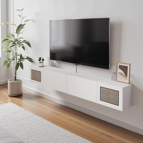 Pmnianhua Boho Floating TV Stand 70", Modern Wall Mounted Media Console with Cotton-Rayon Doors for Under TV Shelf,Entertainment Center,Living Room,Bedroom(White) - color: White, size: 70"