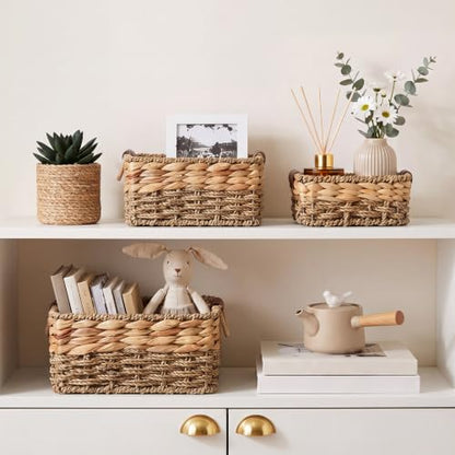 Set of 3 Wicker Basket Natural Seagrass Hyacinth Nesting Storage Baskets with Handles for Organizing Shelves Closet Pantry Living Room Decorative Woven Baskets