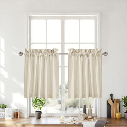 RYB HOME Cafe Curtains 24 inches Length, 2 Panels Kitchen Curtains and Valances Set Faux Linen Blended Shabby Privacy Protect Topper for Kitchen Living Room, Rod Pocket, Linen, W 26 x L 24 inch - color: H-linen, size: 26"W x 24"L (Pack of 2)