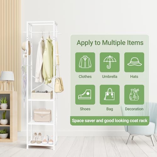 ELYKEN Coat Rack Freestanding, Hall Tree with 3 Shelves and 12 Hooks, White | Industrial Metal Frame, Space-Saving Design, Clothes Rack Stand Organizer for Bedroom, Hallway, Entryway, Office, Living Room - color: White