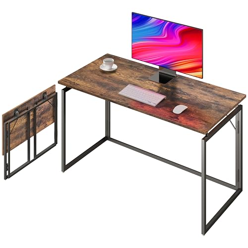 39.4" Folding Desk: No Assembly, Wood Top for Small Spaces | 39.4 in dual-monitor workspace, holds 150 lbs, folds flat to 2.3 in, splash-proof top, home office or gaming - color: Rustic Brown, size: 39.4"W x 19.7"D