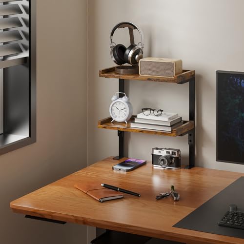 Clamp On Desk Shelf 2-Tier, 12.6 inche Wood Shelving Unit for Office Desk/Gaming Accessories, Tabletop Book Storage Rack, Shelf for Top & Under of Desk, Brown - color: 2-tier 12.5 Inches Brown