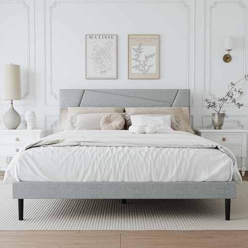 Queen Size Upholstered Bed Frame Frame with Headboard，Velvet Grey | Geometric Head Board Platform Bed, Sturdy Wooden Slats, Noiseless No Box Spring Required, Easy to Assemble - color: Light Gray, size: Queen