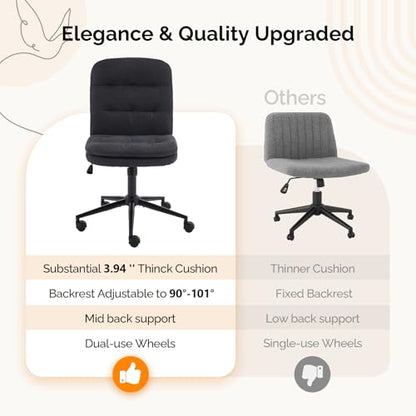 VINGLI Mid Back Armless Office Desk Chair with Wheels/no Wheels,360°Rocking Swivel Vanity Chair with Thickened Cushion,Adjustable Height Rolling for Reading Room, Make up, Linen Black - color: Black