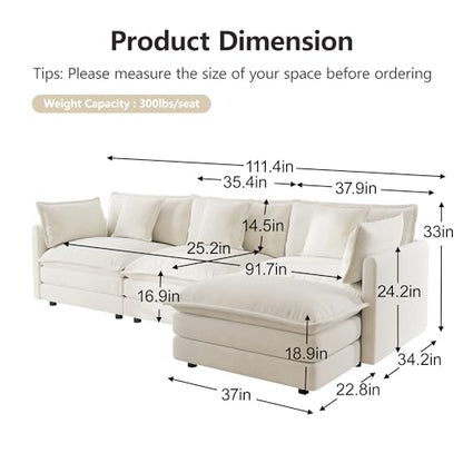 Modular Sectional Sofa, 111.5 Inch L Shaped Couch Set for Living Room, 3-Seater Comfy Cloud Couches with Movable Ottoman, DIY Combination, Chenille, Beige - color: Beige, size: 111.5 Inch- L