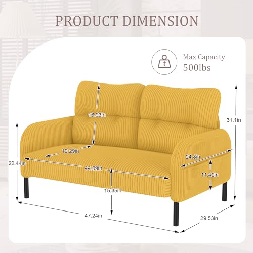 47" Modern Loveseat Couch Sofa, Corduroy Fabric Armchair Upholstered 2-Seat Loveseat Sofa for Small Space, Living Room, Bedroom, Apartment, Yellow - color: Yellow, size: Loveseat