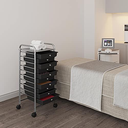 Yaheetech 10-Drawer Rolling Storage Cart with Wheels, Slim Organizer, Black | Ten see-through drawers plus a top shelf organize craft, office, and art gear; slim steel frame, locking wheels, easy setup. - color: Black, style: 10 Drawers