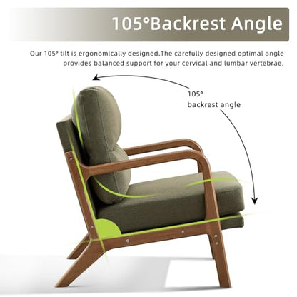 IOMOR Mid Century Modern Accent Chair, Linen Fabric Upholstered Lounge Arm Chair with Solid Wood Frame and Soft Cushion for Living Room, Bedroom, Balcony (1, Green) - color: Linen Green
