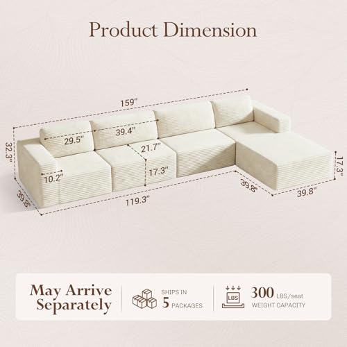 Vesgantti 159" Large Modular Sectional Sofa, L-Shaped Corduroy Cloud Couch with Deep Seats & Spring Support, 4-Seater Boneless Sofa with Movable Ottoman, No Assembly Needed, Beige - color: 159" - 4 Seater + Ottoman Beige