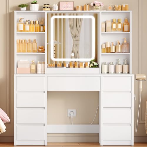 Large White Makeup Vanity Desk with Charging Station & 9 Drawers | Smart LED Mirror,7 Open Storage Shelves,Hairdryer Rack,Girls Vanity for Bedroom