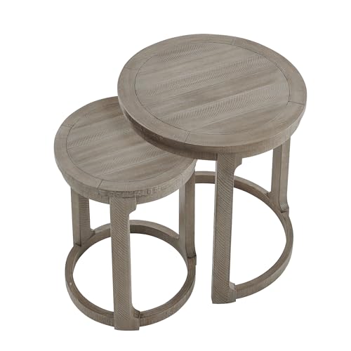24" Round Nesting Side Table Set of 2, Rustic Wood Coffee Table Circle Stacking End Tables for Small Space, Living Room Apartment, Light Walnut - color: Φ24" & 17.56" 2 Set-light Walnut
