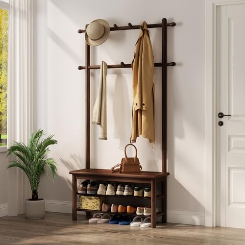 AQIMUELE Hall Tree, Coat Rack with Shoe Storage, Wooden Hall Tree with Bench, 11 Hooks and 2-Tier Storage Shelves, Entryway Bench with Coat Rack (31.5" - Deep Walnut) - color: Deep Walnut, size: 31.5"