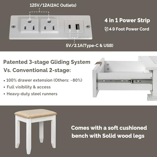 Vanity Desk with Stool, Mirror and Lights 3 Color, Makeup Vanity with Power Outlet, Dressing Table with Drawers, Storage Shelves, Adjustable Brightness, White - color: White