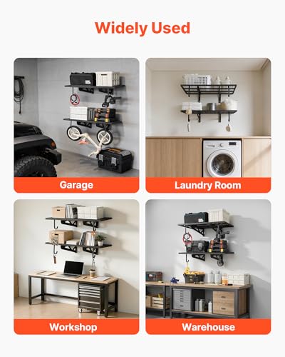 VEVOR 2-Pack Heavy Duty Garage Wall Shelving, 2 x 3 ft Steel Wall Mounted Shelving Unit with Hooks, 24 x 36 Inch Per Shelf Floating Storage Metal Rack for Garage, 500 lbs Total Weight Capacity - size: 2×3 ft